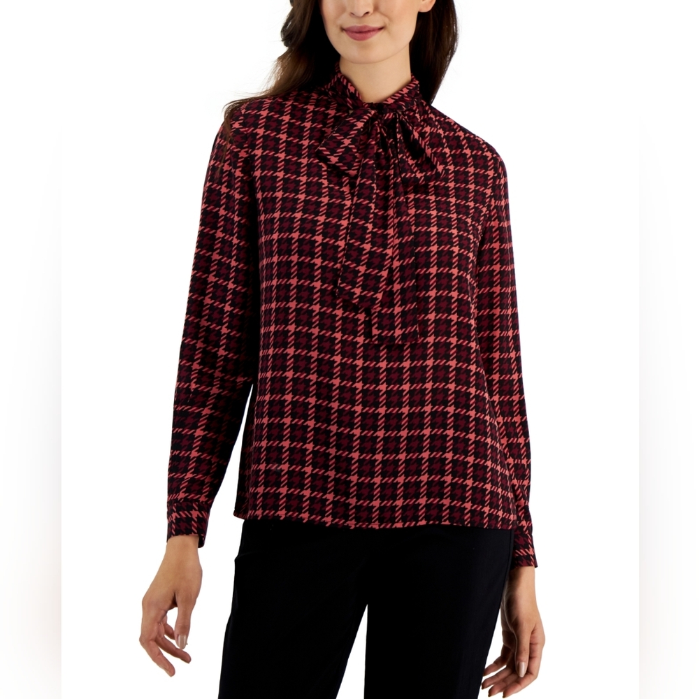 Anne Klein Women's Houndstooth-Print Tie-Neck Top - Chianti Combo